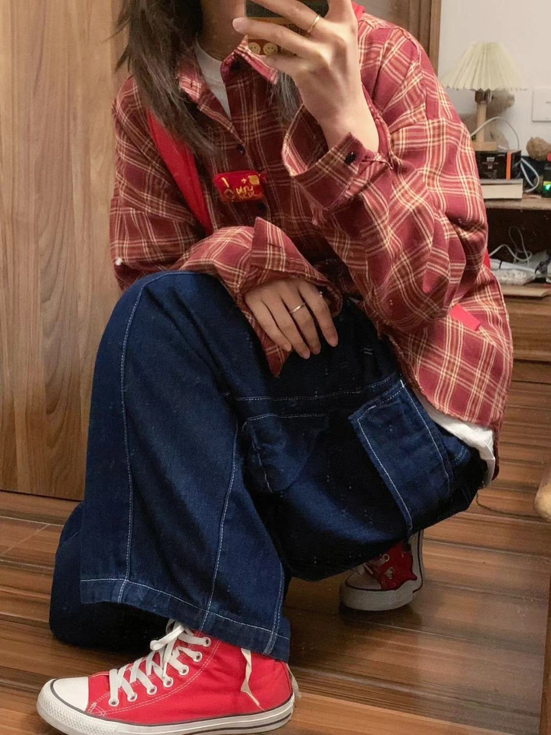 American high-end red plaid shirt for women spring and autumn 2024 new loose lazy style long-sleeved shirt top for outer wear