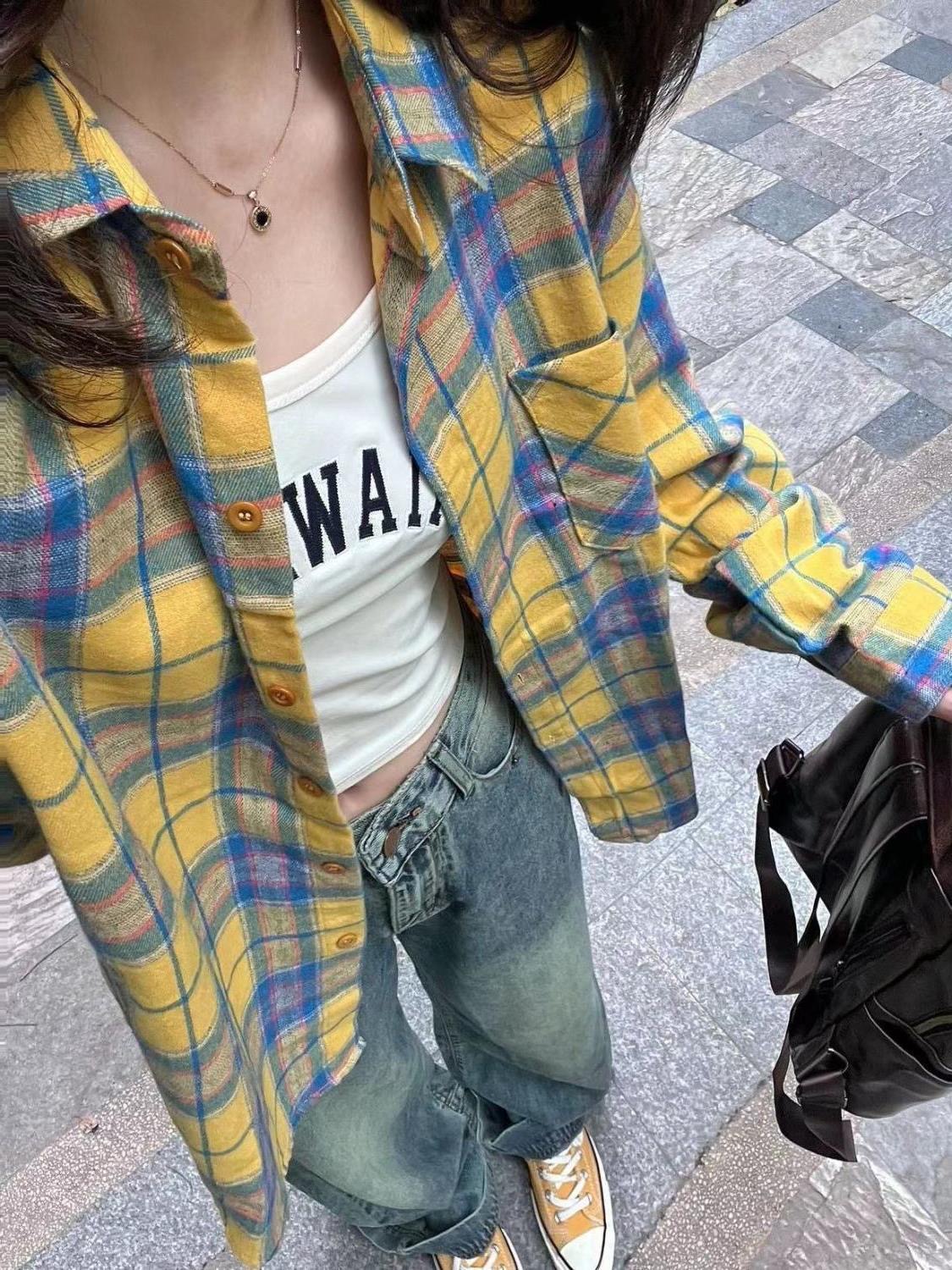 Yellow plaid shirt women's autumn design niche loose high street retro Polo collar long-sleeved shirt ins trend