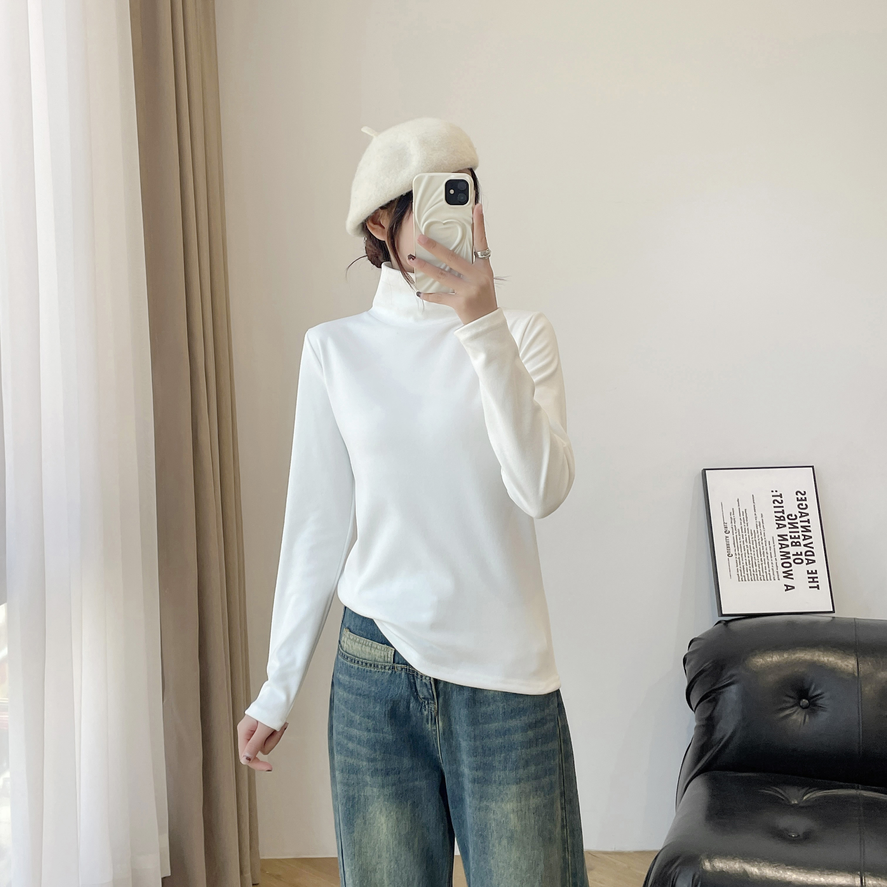 Real shot of half turtleneck bottoming shirt for women  new style plus velvet and thickened German velvet solid color inner long-sleeved top sweater