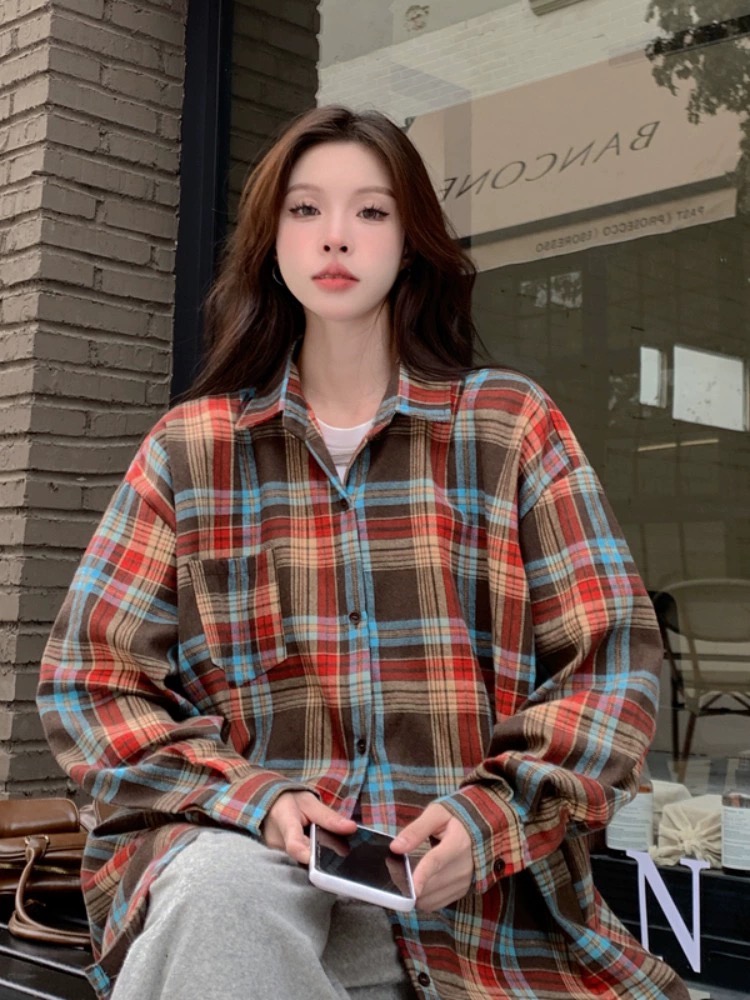 Contrast plaid shirt for women 2024 spring and autumn new long-sleeved thin shirt lazy style loose Korean cardigan jacket