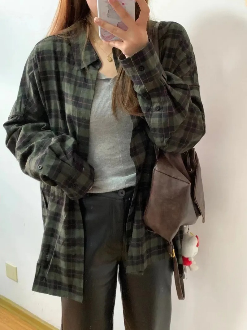 Retro chic green plaid shirt for women in autumn and winter loose lazy style mid-length shirt jacket cardigan outer wear