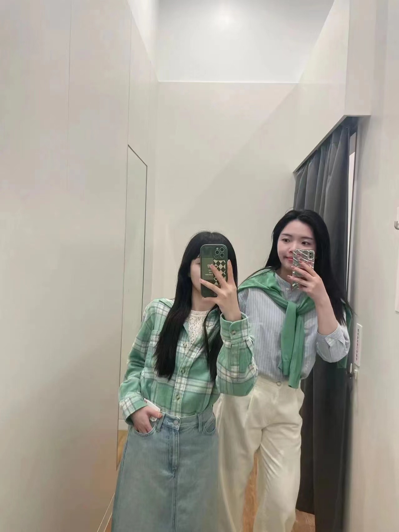 Original fabric green cotton plaid shirt for women layered bottoming top loose slimming shirt