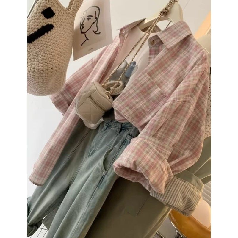 Niche unique and chic super good-looking pink plaid shirt for women loose layered French casual shirt long-sleeved top