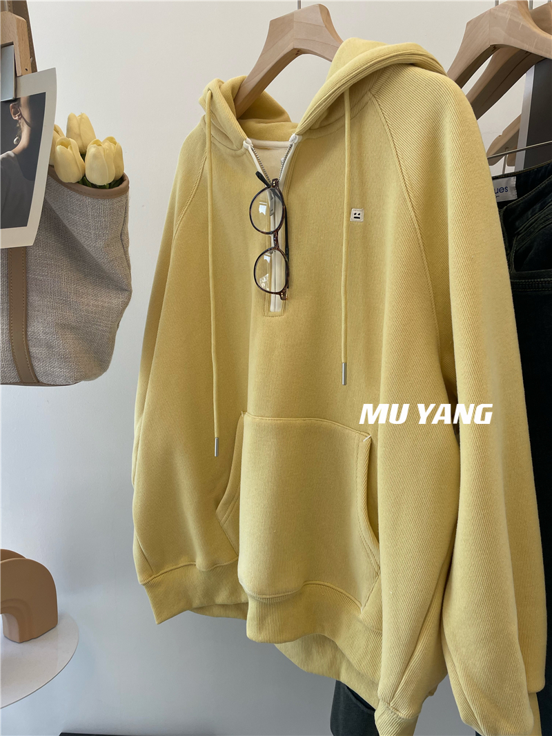 Warm oil three-color embroidered embarrassing face half-zip velvet hooded sweatshirt thickened warm autumn and winter top