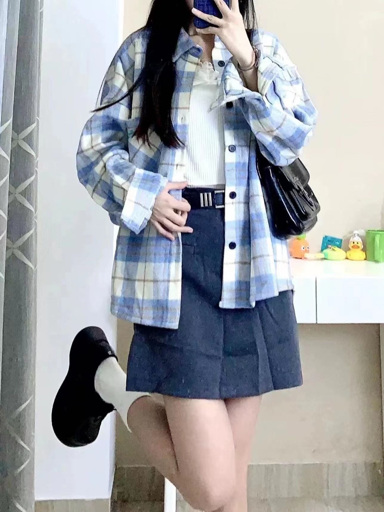 Japanese POLO collar plaid shirt long-sleeved women's early spring Korean style loose design niche lazy style jacket trend