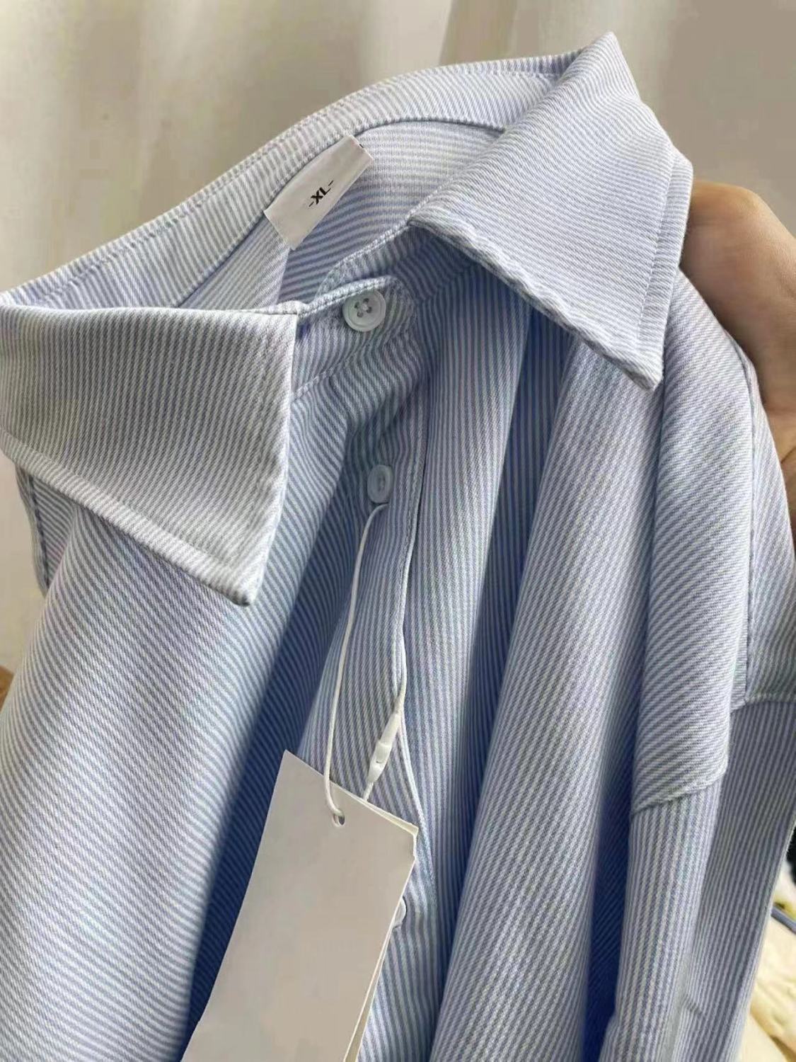 New spring and autumn solid color striped shirt jacket for small people to wear niche base shirt women's French long-sleeved top