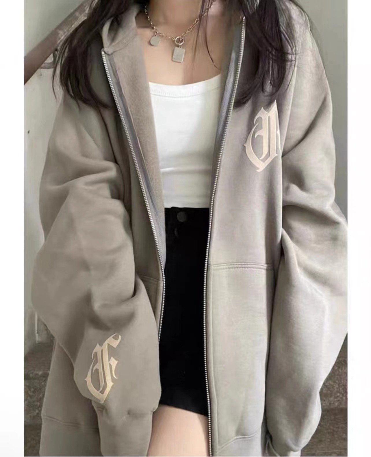 CVC Huamian  new coat autumn and winter ins national trend Korean version lazy loose zipper cardigan hooded sweatshirt for women