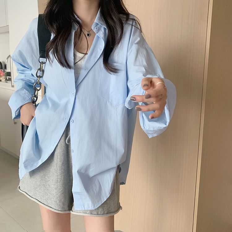 Light luxury high-grade cotton right shoulder shirt 2024 summer thin loose and versatile slim shirt long-sleeved top to wear outside