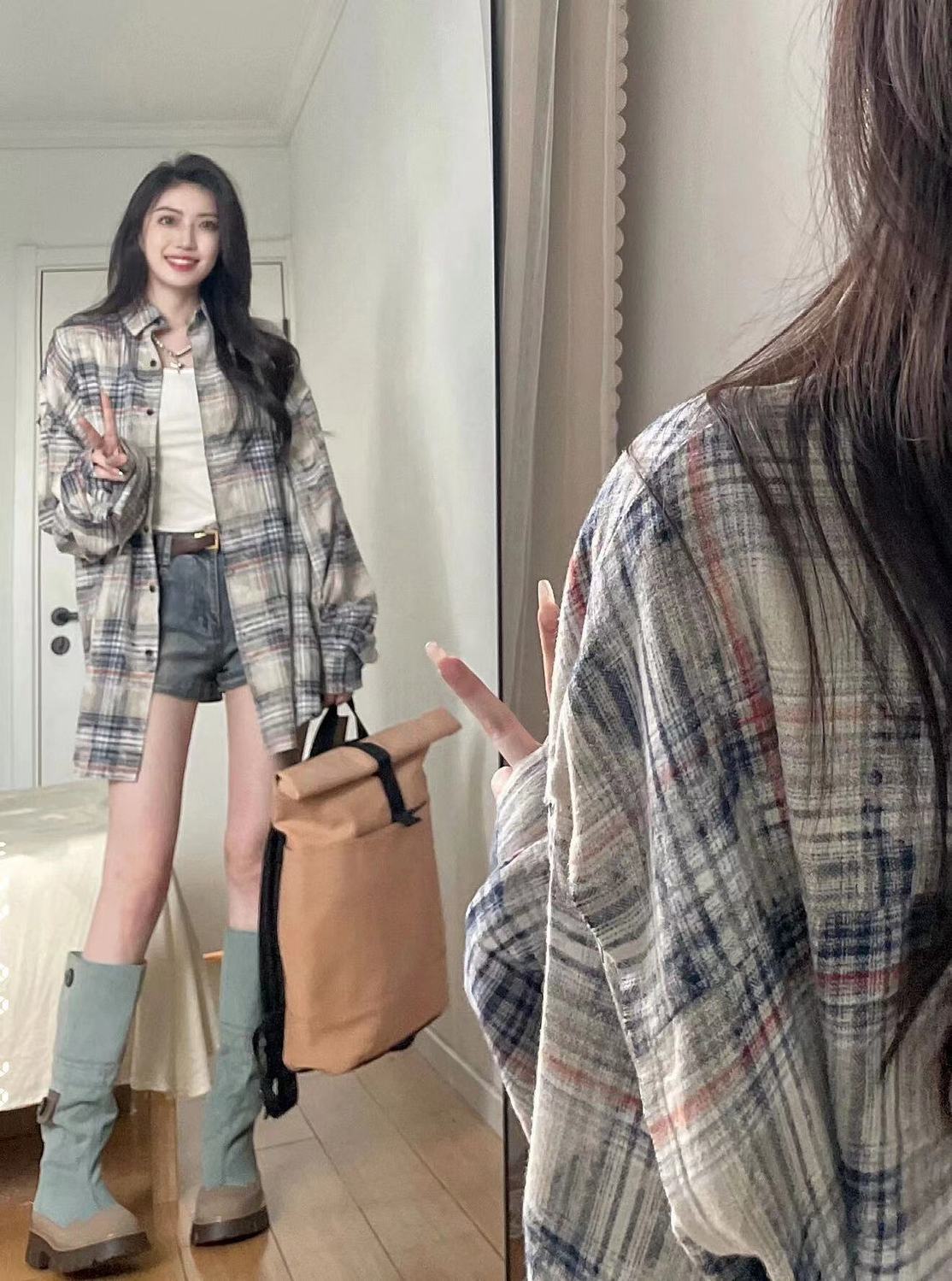 2024 Autumn and Winter American Retro Plaid Shirt Women's Loose Versatile Casual Cardigan Long Sleeve Lapel Shirt Jacket Trendy