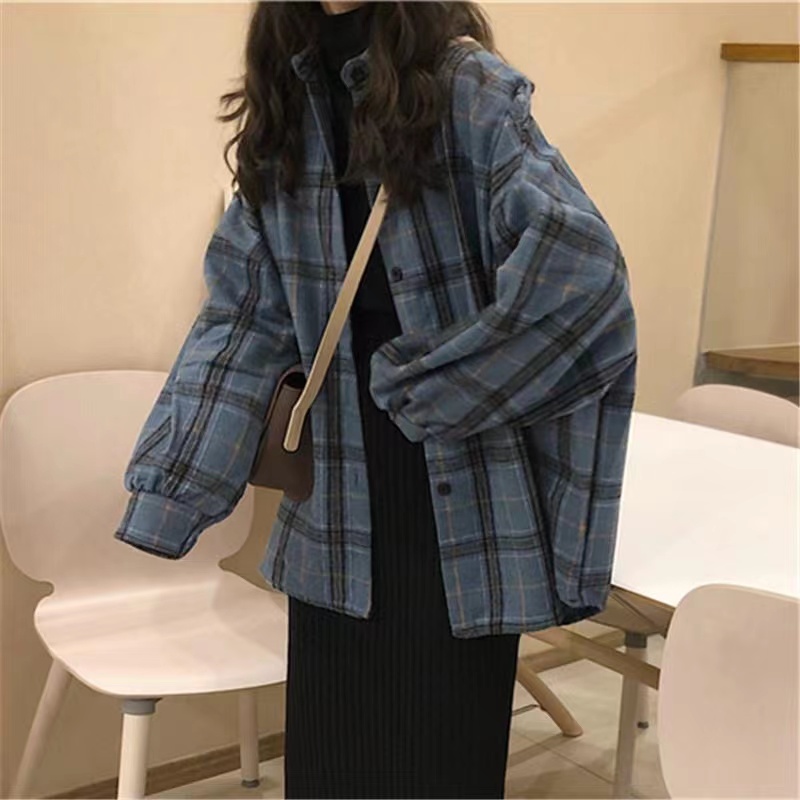 / Long-sleeved plaid shirt for women, autumn and winter outer wear, loose retro Hong Kong style design niche versatile shirt