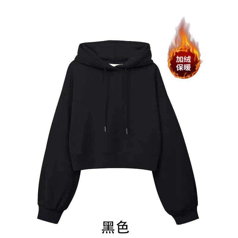 100% cotton surface Chinese cotton wool composite silver fox velvet 420g light version short hooded plus velvet sweatshirt for women blank version