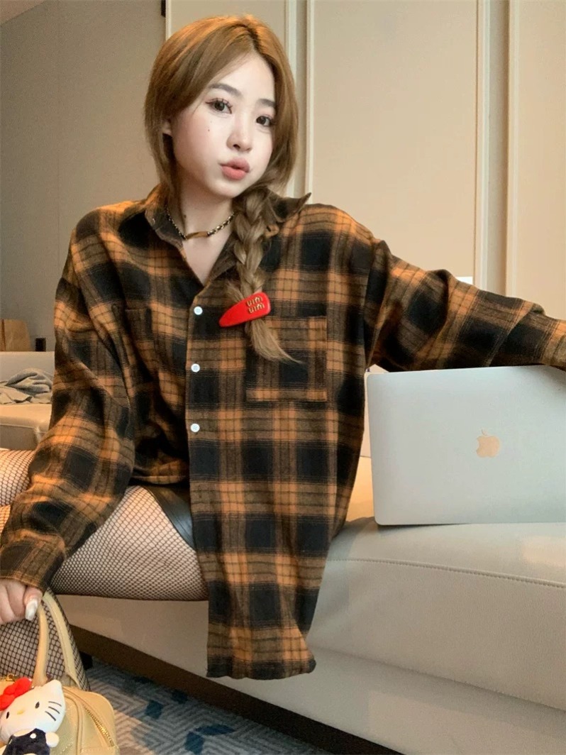 Autumn new large size fat mm American retro brushed plaid shirt top lazy style loose shirt jacket for women