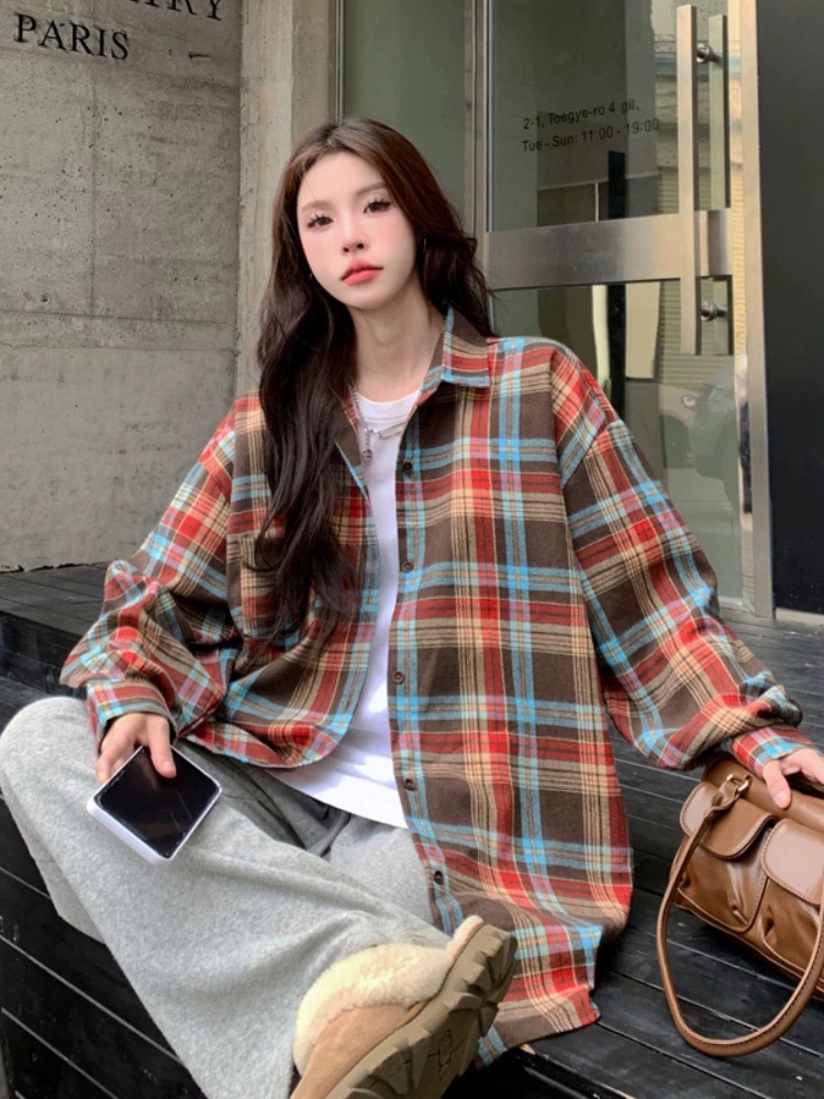 Contrast plaid shirt for women 2024 spring and autumn new long-sleeved thin shirt lazy style loose Korean cardigan jacket