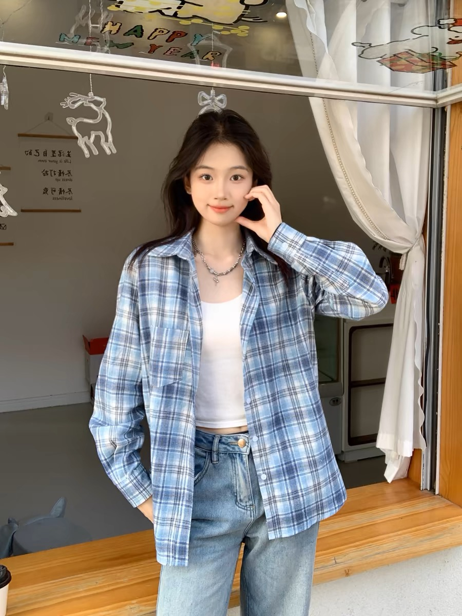 Light luxury and high-end blue plaid shirt jacket for women 2024 new loose casual flesh-covering mid-length shirt