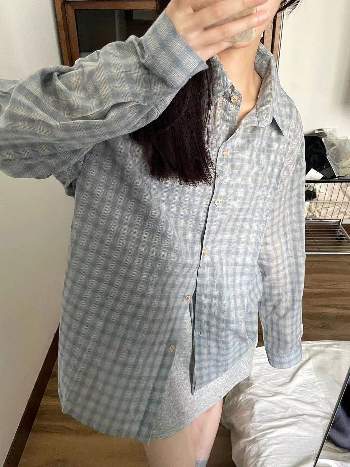 Original fabric blue plaid shirt women's summer sun protection shirt loose lazy style cardigan thin casual long sleeve