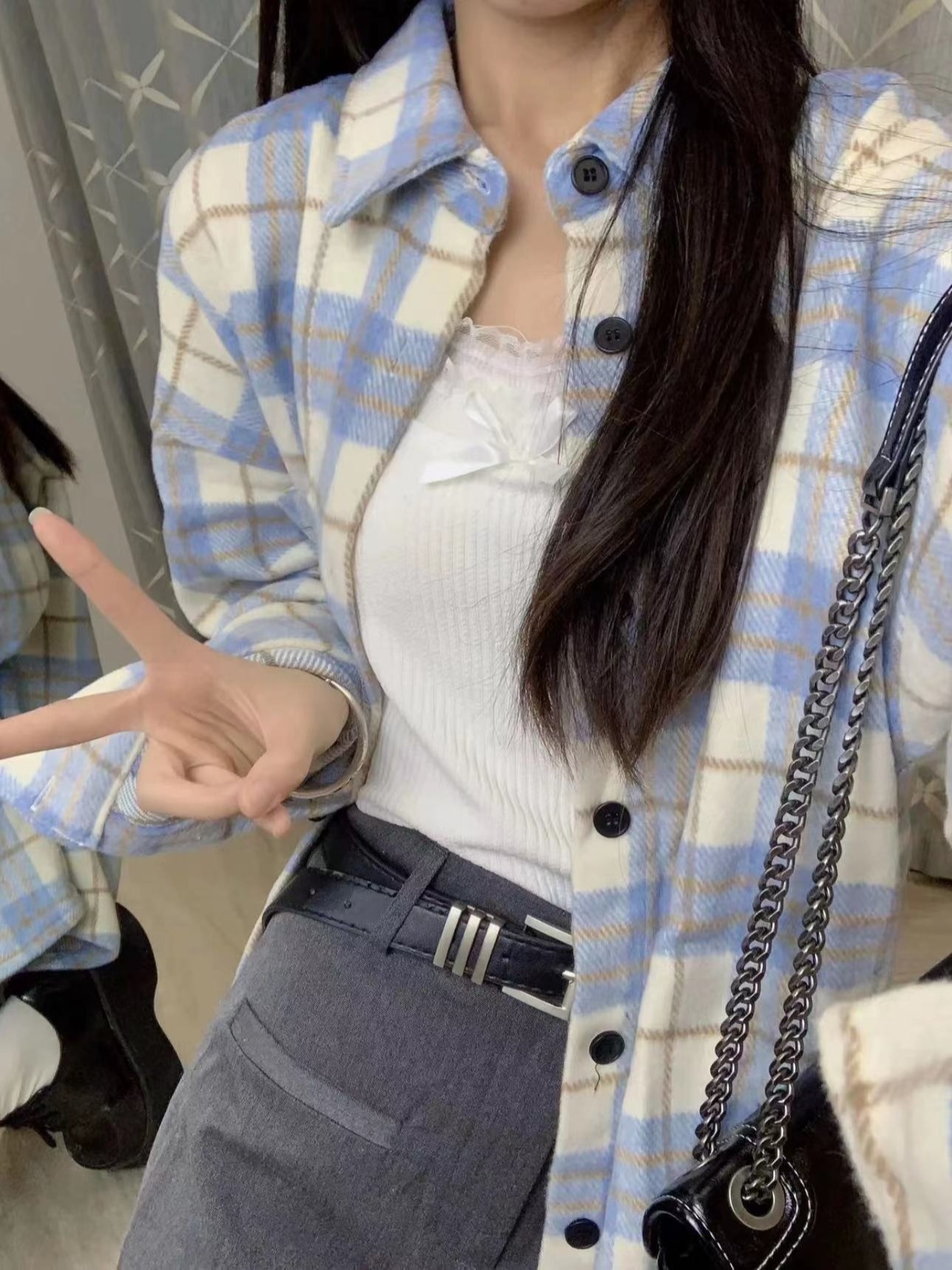 Japanese POLO collar plaid shirt long-sleeved women's early spring Korean style loose design niche lazy style jacket trend