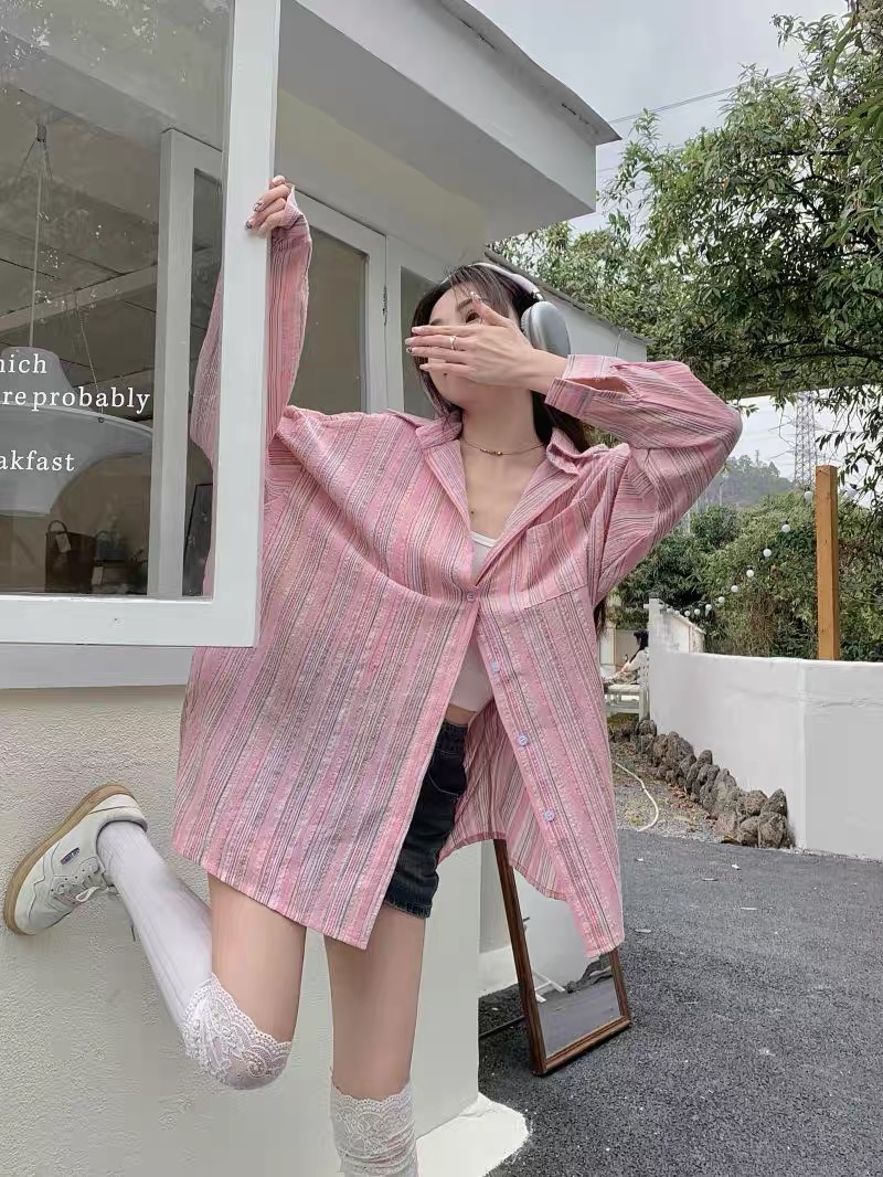 Original fabric, breathable and thin, striped cotton and linen long-sleeved shirt for women, autumn oversize design, pink sun protection