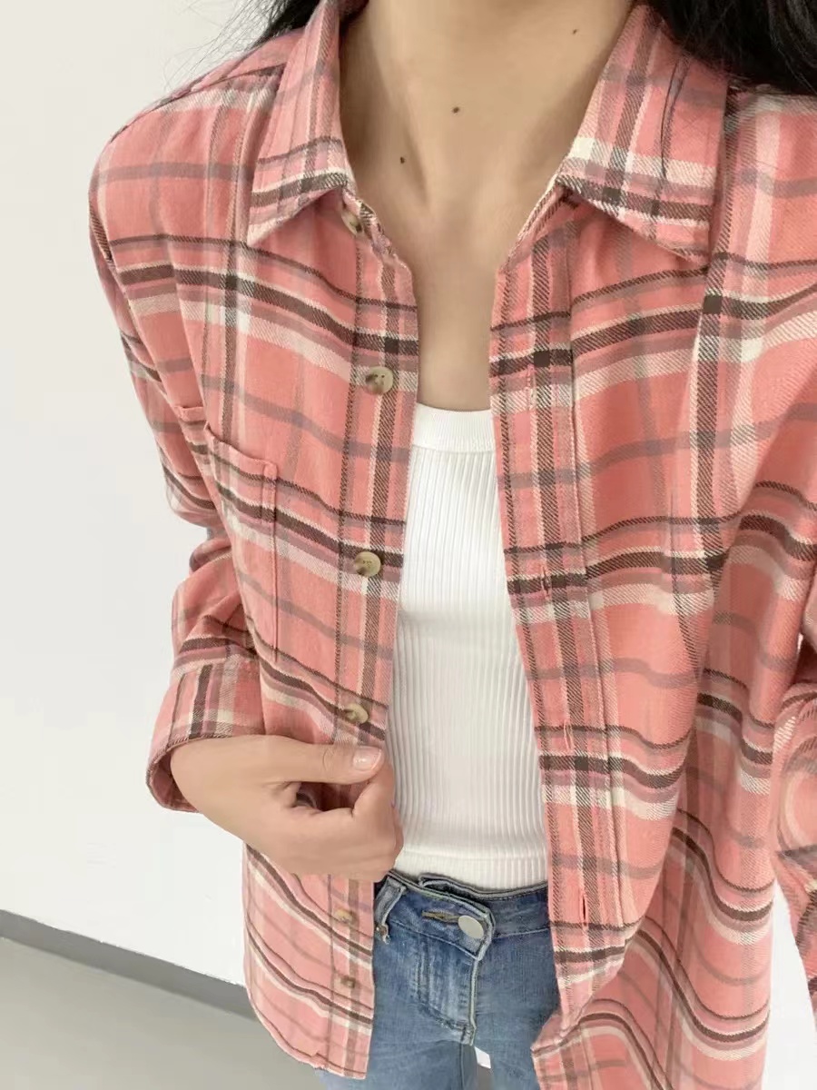 Sweet peach pink cotton plaid shirt for women, loose casual shirt, long-sleeved top, cardigan jacket worn inside