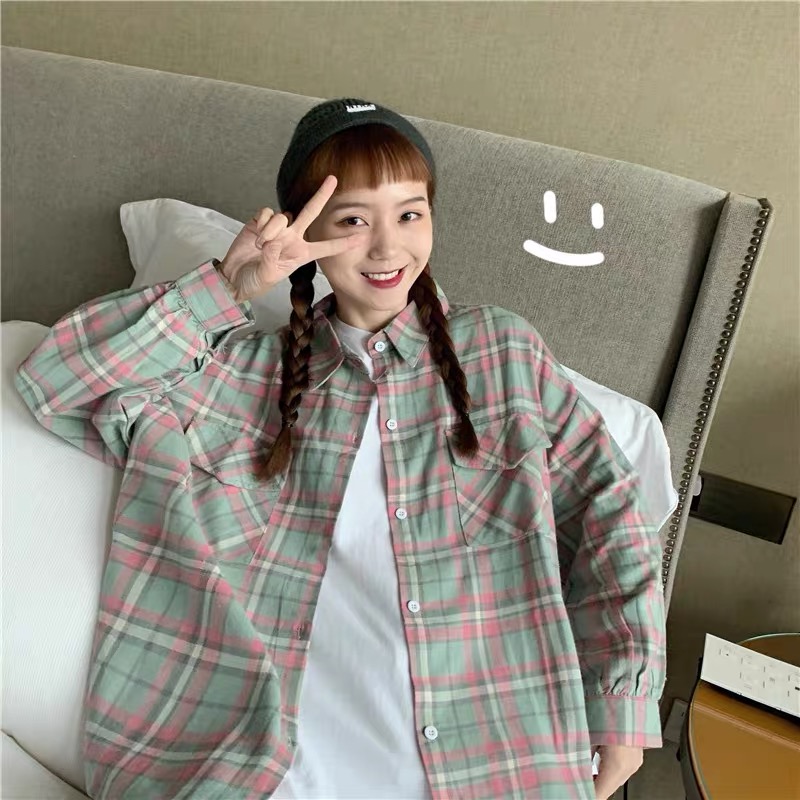 Coat for women spring and autumn  new sun protection clothing for women summer Korean style loose plaid long-sleeved shirt thin cardigan