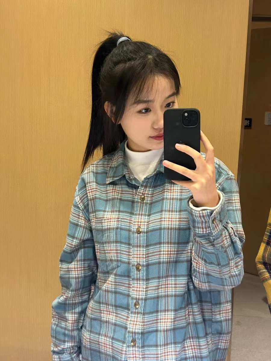 Korean light luxury milk blue plaid shirt for female students to wear loose, slim and versatile bottoming shirt to wear outside