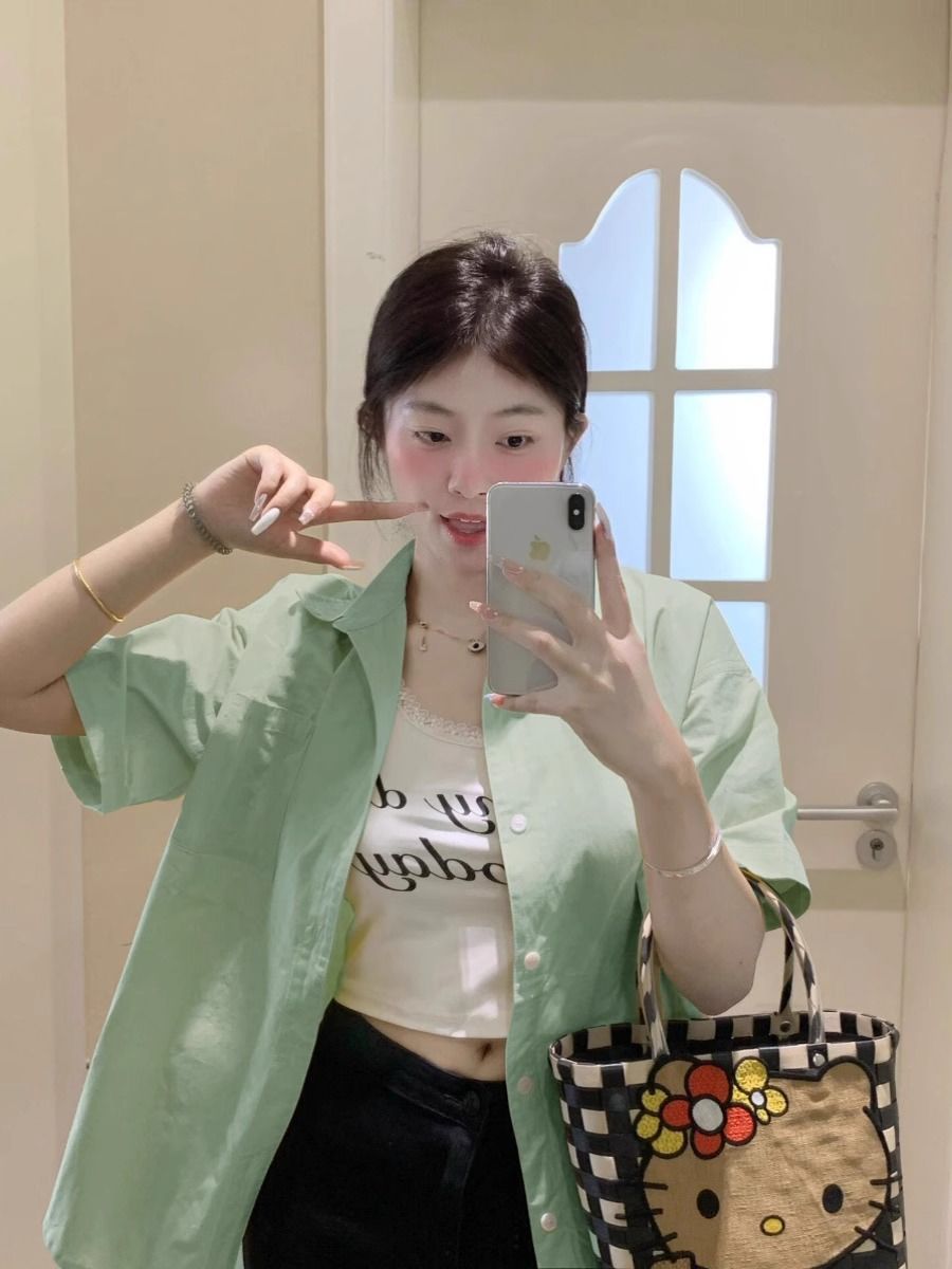 Green short-sleeved shirt for women 2024 new summer loose Korean style solid color top versatile casual niche fresh shirt