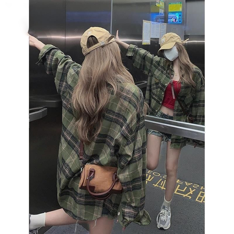 American retro green long-sleeved plaid shirt women's casual shirt 2024 autumn new jacket