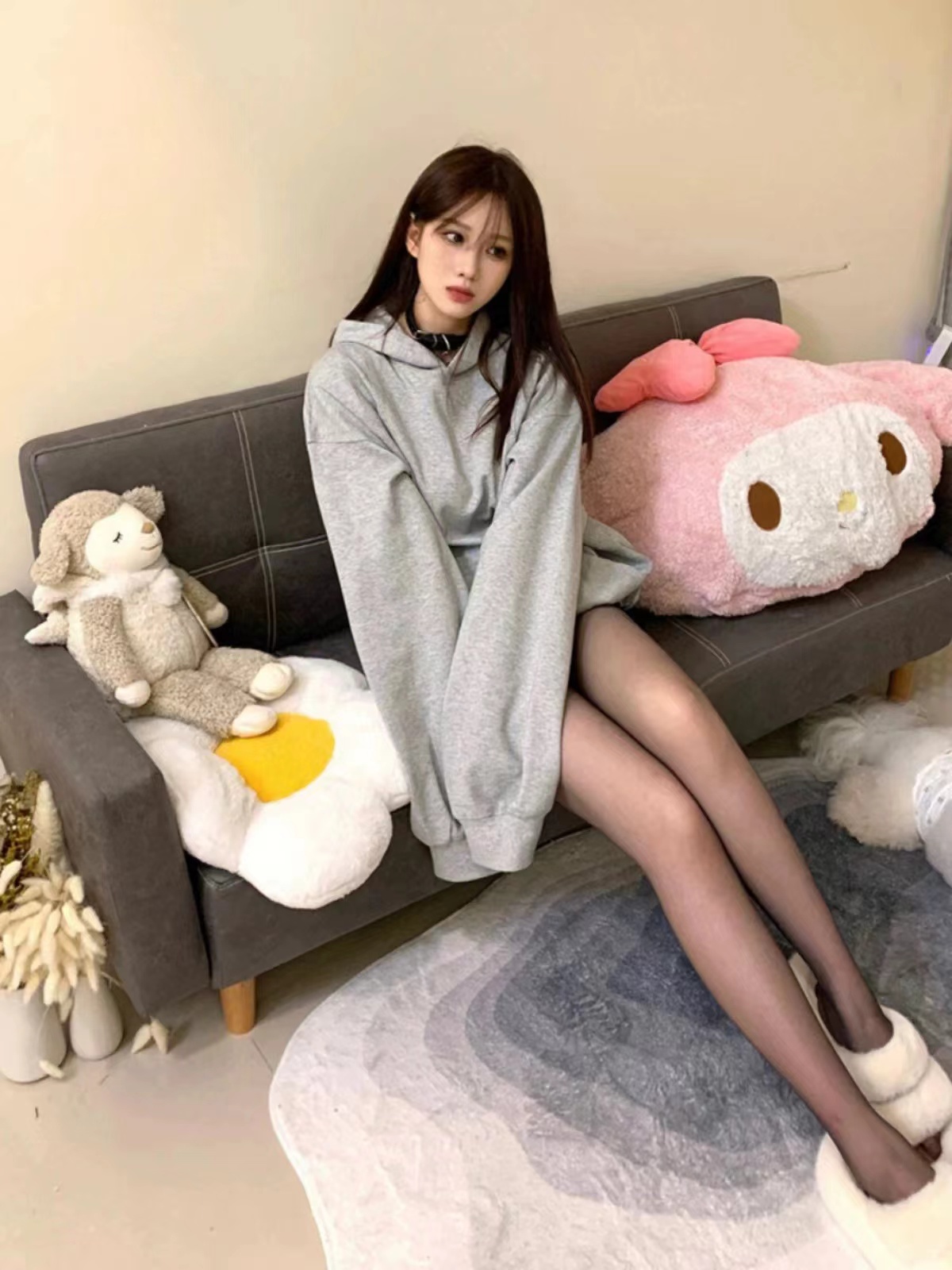 100% polyester fiber 320g imitation cotton Chinese cotton 2024 spring and autumn solid color hooded pullover lazy style sweatshirt for women