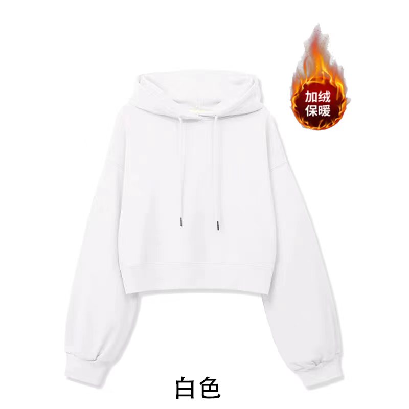 100% cotton surface Chinese cotton wool composite silver fox velvet 420g light version short hooded plus velvet sweatshirt for women blank version