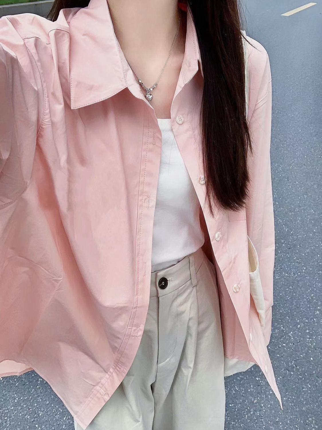 Pure cotton super white smoke pink shirt women's spring long-sleeved shirt solid color loose slim design top jacket