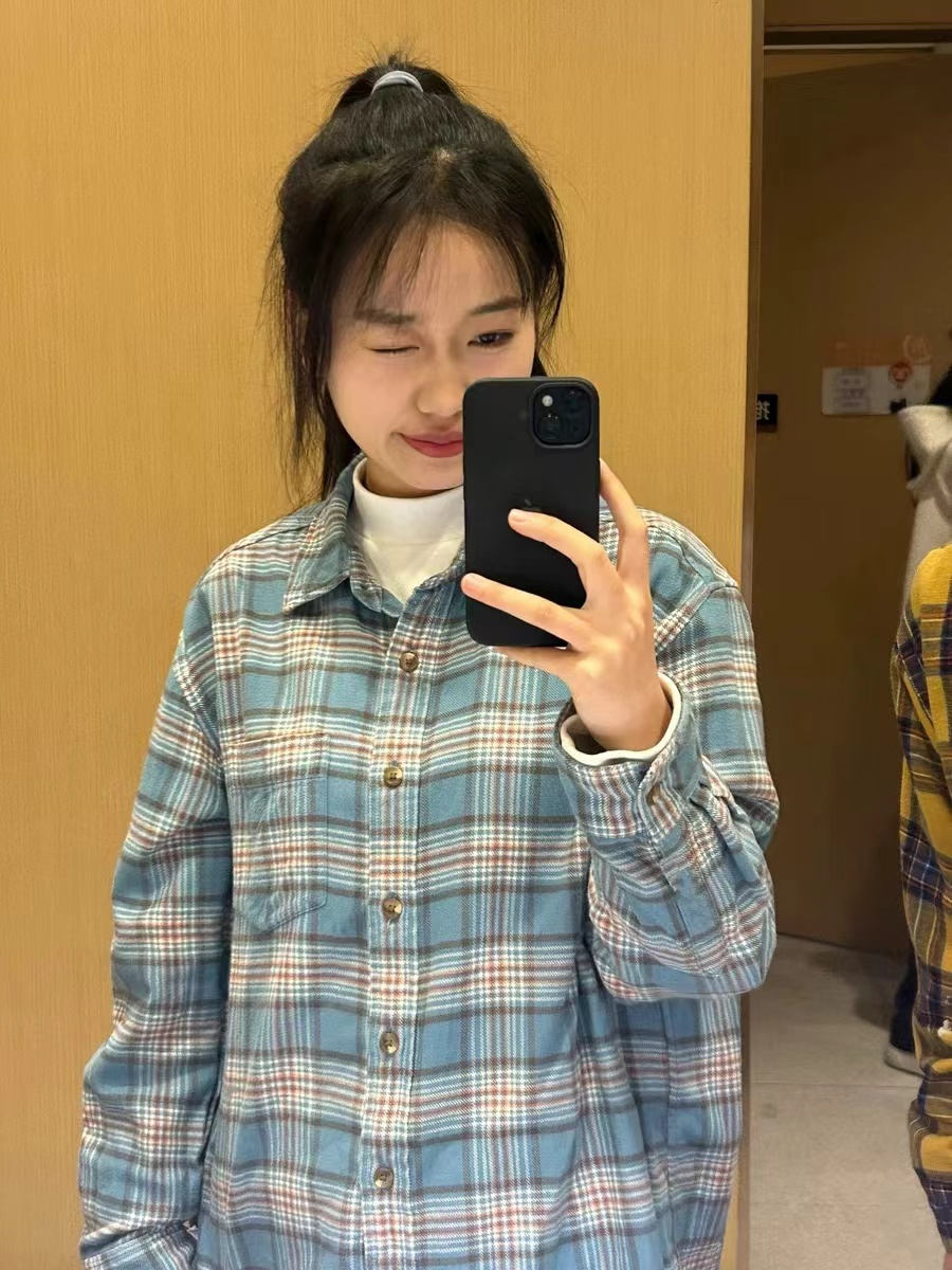 Korean light luxury milk blue plaid shirt for female students to wear loose, slim and versatile bottoming shirt to wear outside