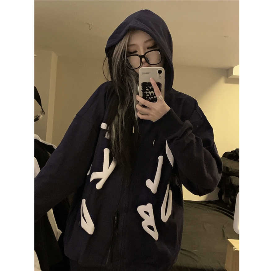 CVC Huamian  Autumn and Winter Fun Sweet Alphabet Zipper College Style Couple Sweater Hooded Versatile Jacket