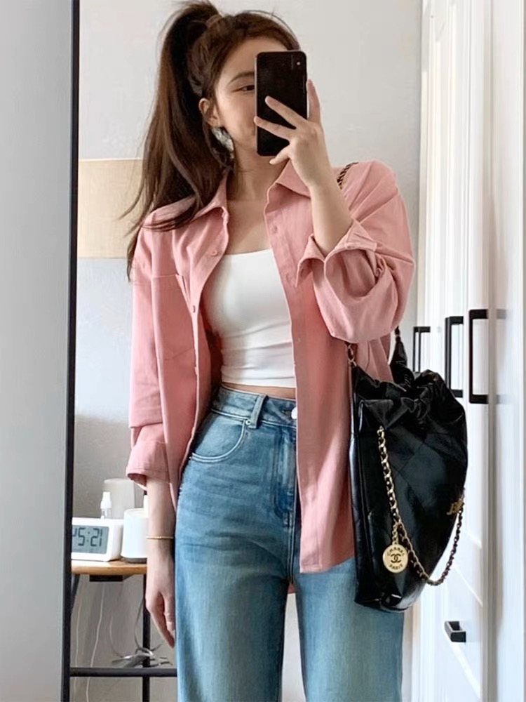 Pink polo collar shirt jacket autumn  new Korean fashion age-reducing casual loose long-sleeved top for women