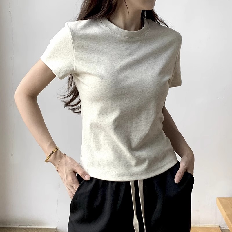 220g cotton 21 count/92% cotton 8% spandex 40 count bottoming shirt round neck short sleeve short T-shirt for women slim solid color