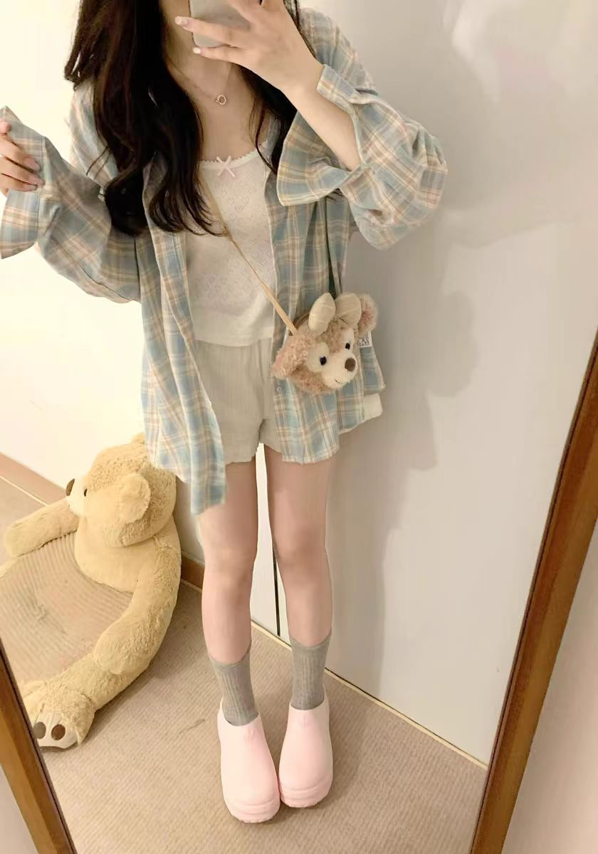 New American retro thin plaid long-sleeved shirt jacket summer design sun protection cardigan loose shirt