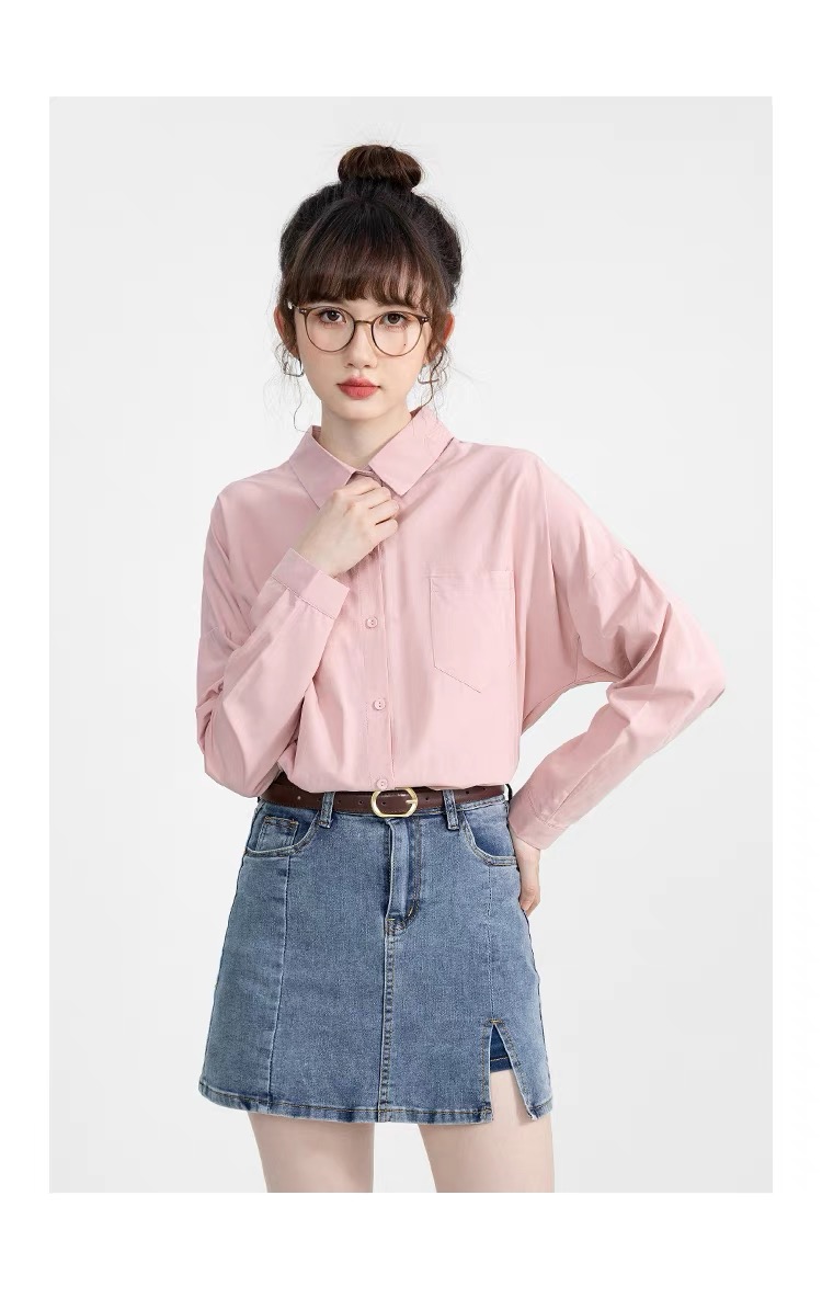 New early autumn lotus pink pure cotton shirt for women to wear inside and outside niche design long-sleeved tops petite shirt