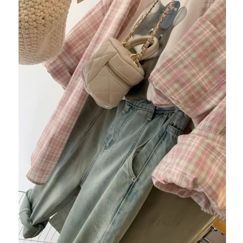 Niche unique and chic super good-looking pink plaid shirt for women loose layered French casual shirt long-sleeved top