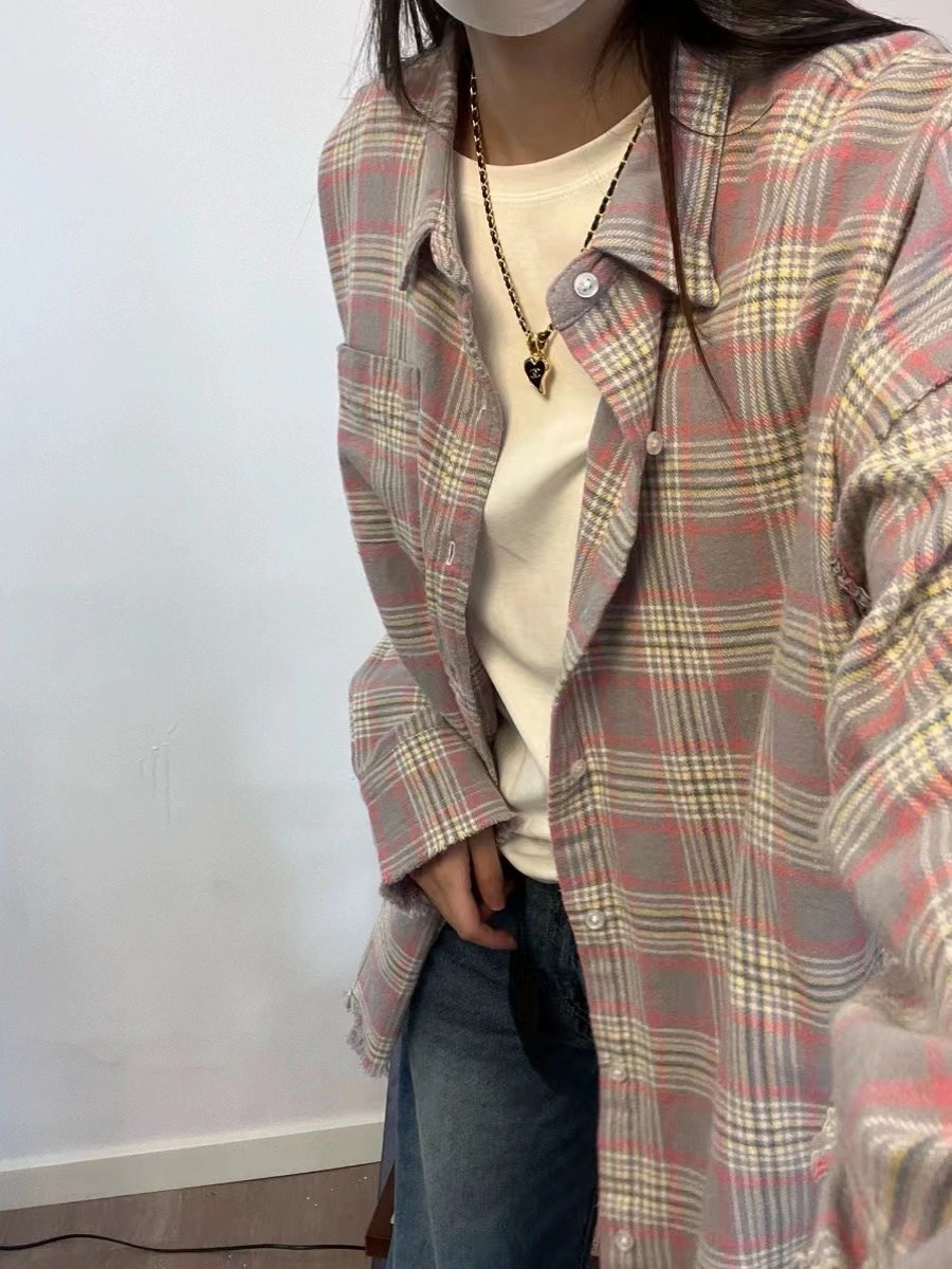 Korean sweet style pink plaid shirt for women, loose casual shirt, long-sleeved top, cardigan jacket worn inside and outside