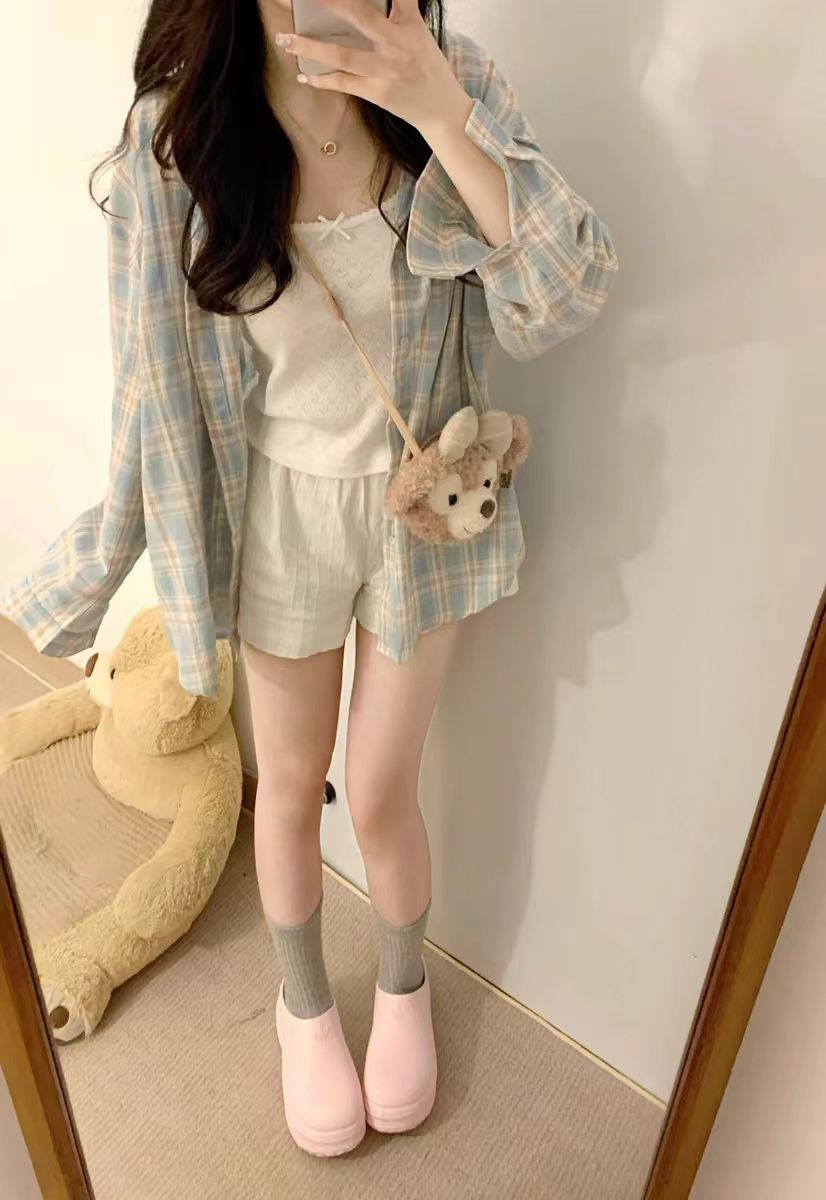 New American retro thin plaid long-sleeved shirt jacket summer design sun protection cardigan loose shirt