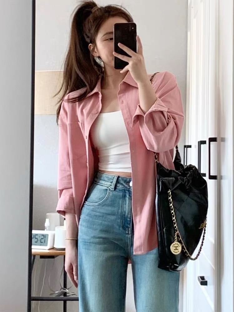 Pink polo collar shirt jacket autumn  new Korean fashion age-reducing casual loose long-sleeved top for women