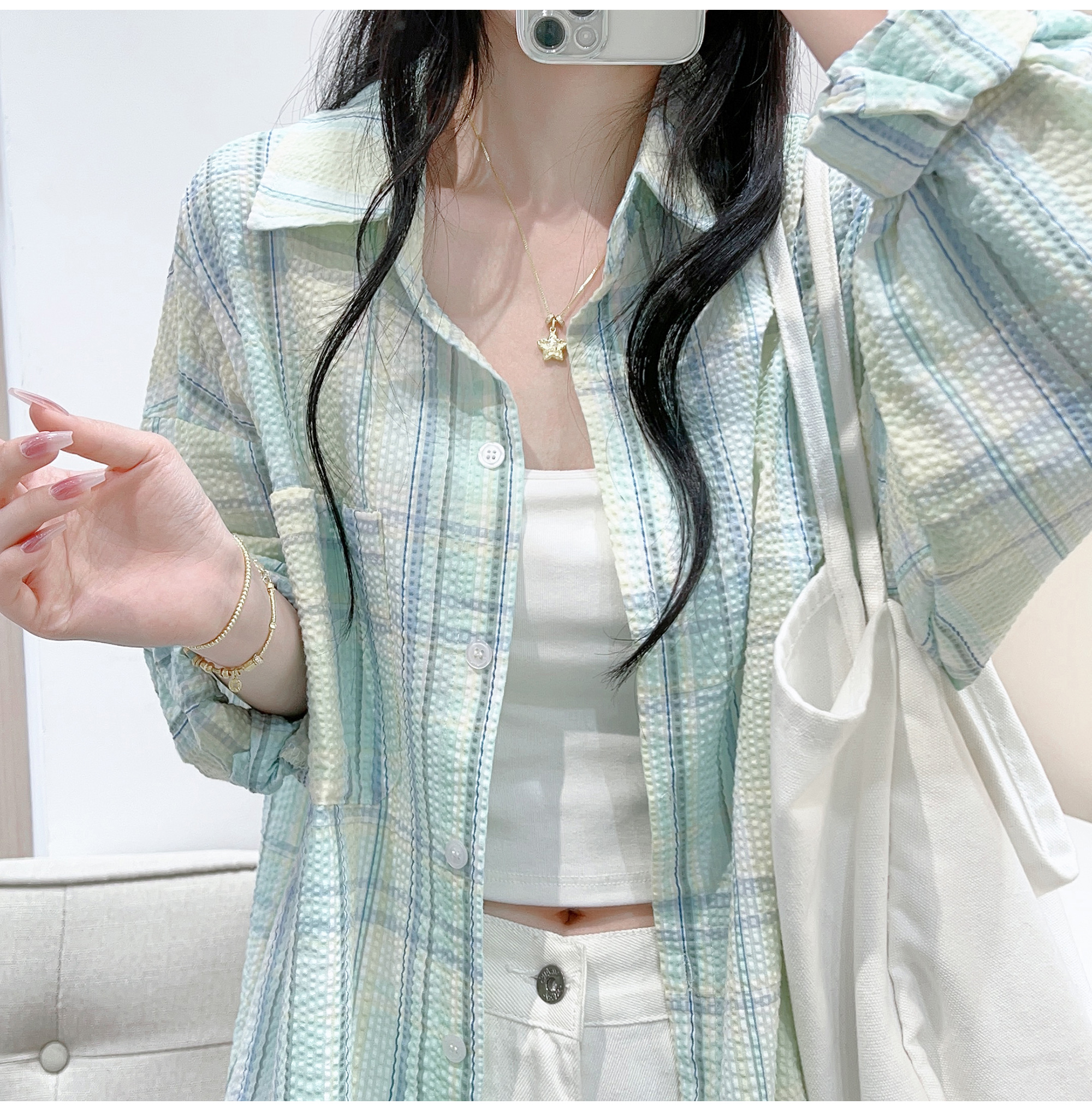 Summer coat, Korean style loose sun protection long-sleeved plaid shirt, lazy design top, mint Mambo style outfit