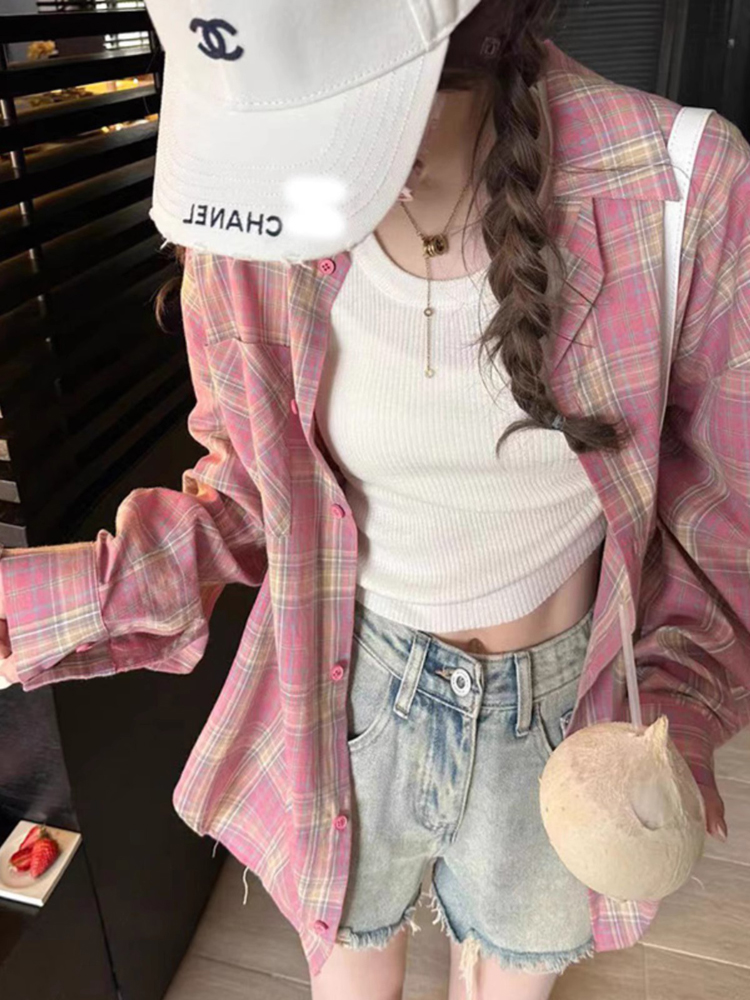 Pink plaid long-sleeved shirt for women spring and summer American retro hot girl design niche fashion sun protection shirt trend