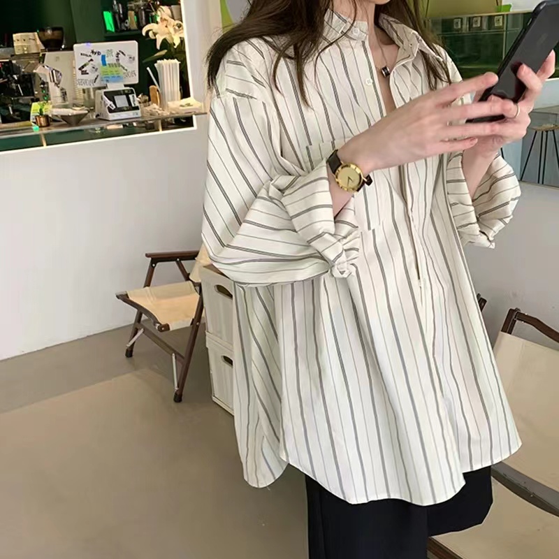 Original fabric Hong Kong style retro loose striped shirt women's spring and autumn new shirt design niche bottoming shirt