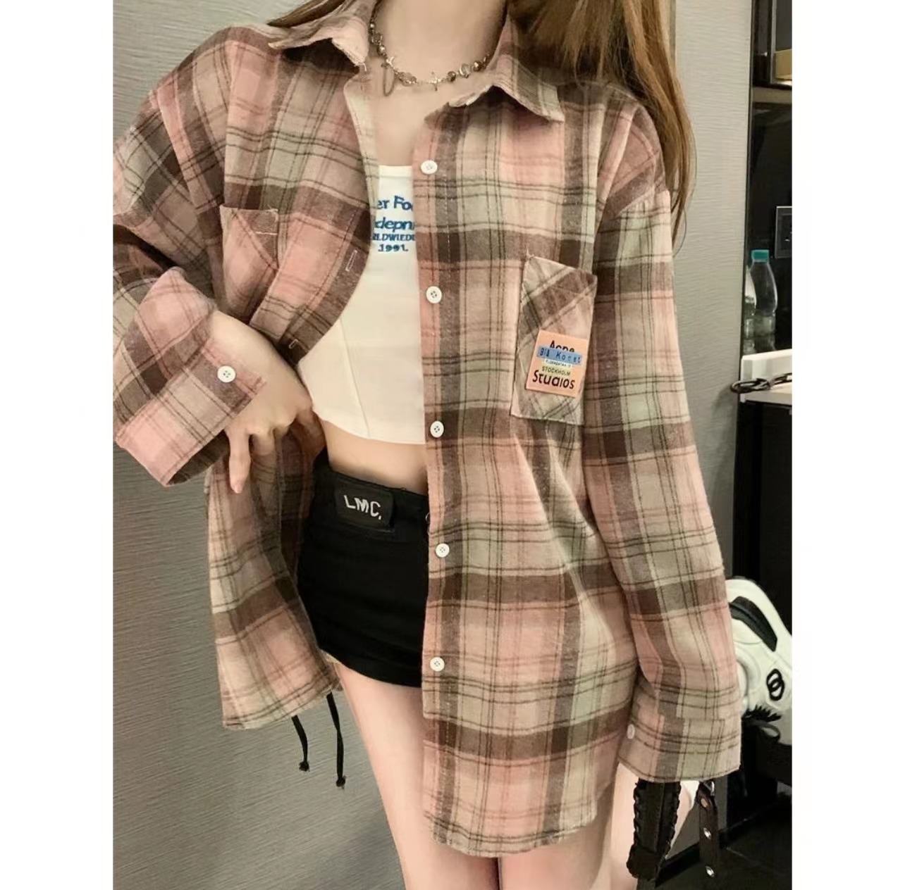 Pink brushed shirt women's high-end new  autumn plaid mid-length loose label long-sleeved top