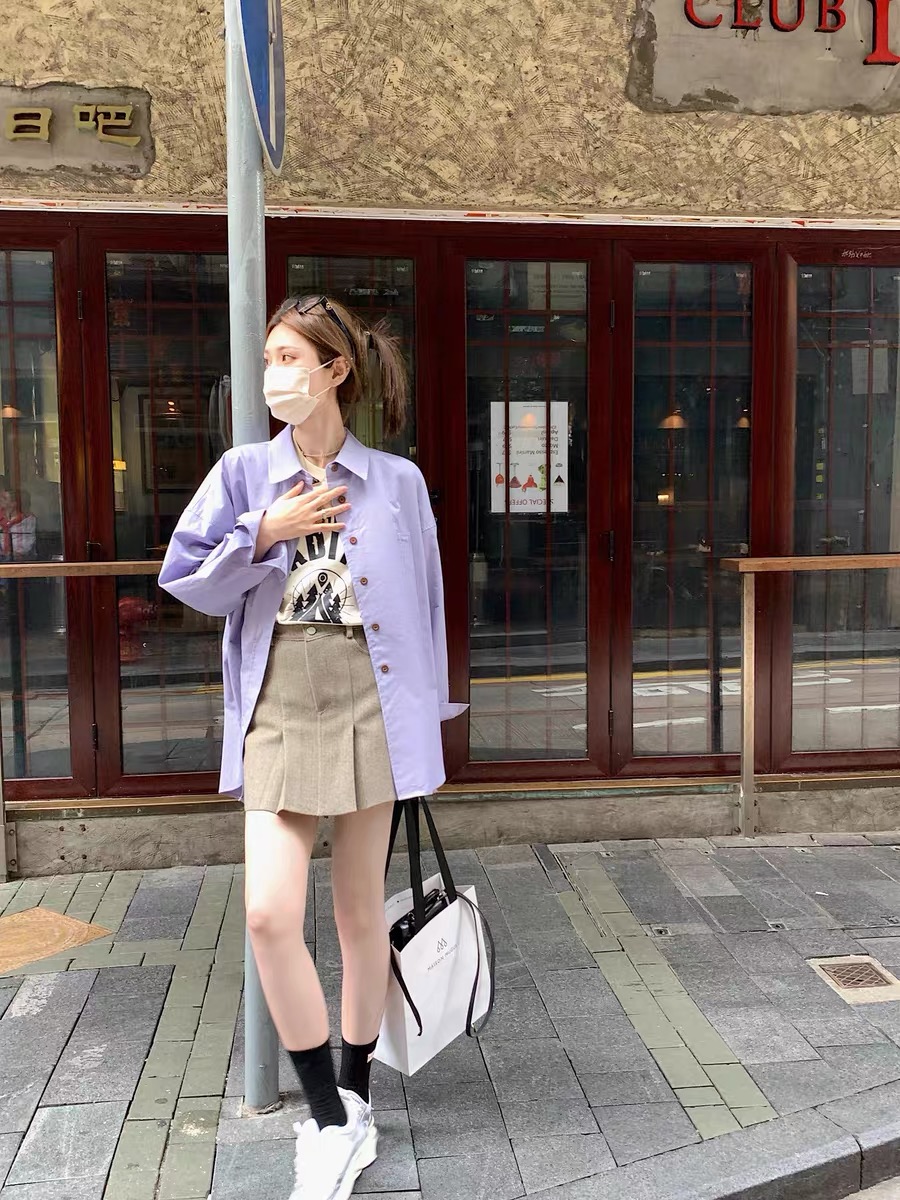 Purple long-sleeved shirt women's trendy brand lazy style niche shirt cardigan  autumn new loose top outer wear