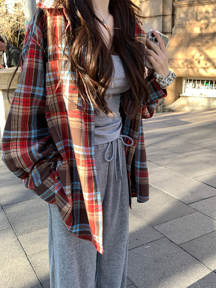 Contrast plaid shirt for women 2024 spring and autumn new long-sleeved thin shirt lazy style loose Korean cardigan jacket