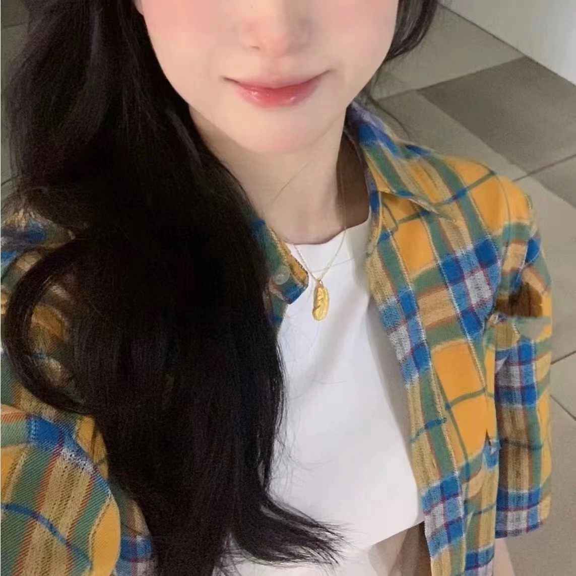 Original fabric yellow plaid summer short-sleeved shirt boyfriend style loose couple casual jacket trendy brand