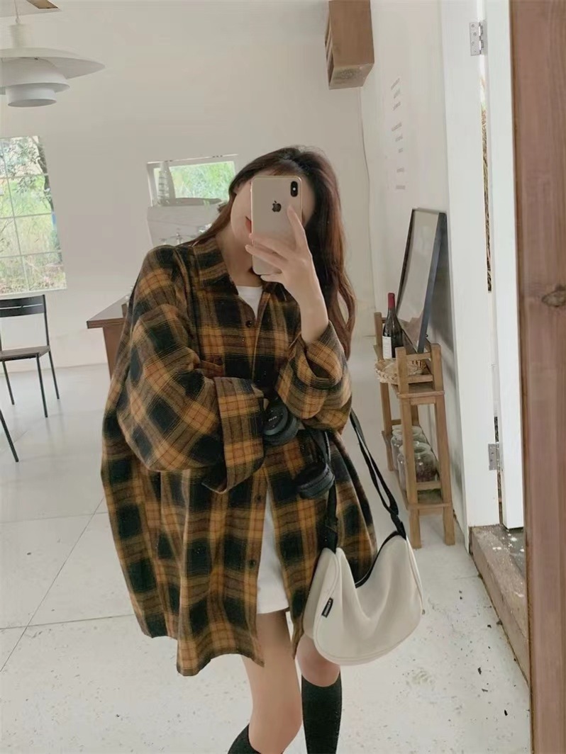 Autumn new large size fat mm American retro brushed plaid shirt top lazy style loose shirt jacket for women