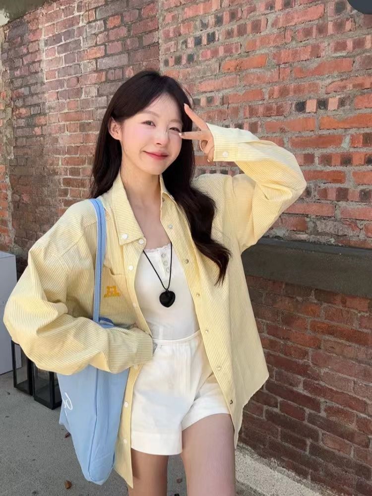 American retro yellow striped shirt for women 2024 new puppy embroidered early autumn coat loose college style top