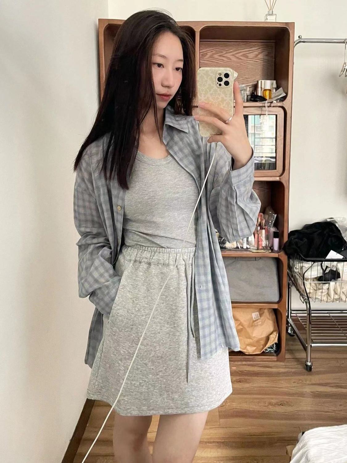 Original fabric blue plaid shirt women's summer sun protection shirt loose lazy style cardigan thin casual long sleeve