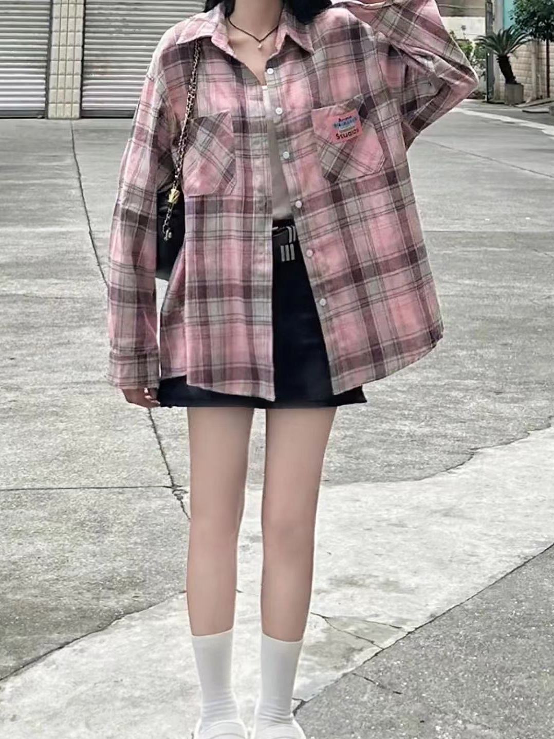 Pink brushed shirt women's high-end new autumn plaid mid-length loose label long-sleeved top